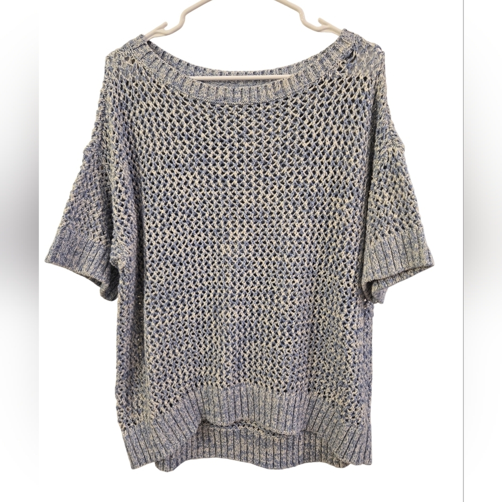 LOFT OPEN STITCH CROCHET SHORT SLEEVE SWEATER . BLUE AND WHITE SPACE-DYE. SZ XXL